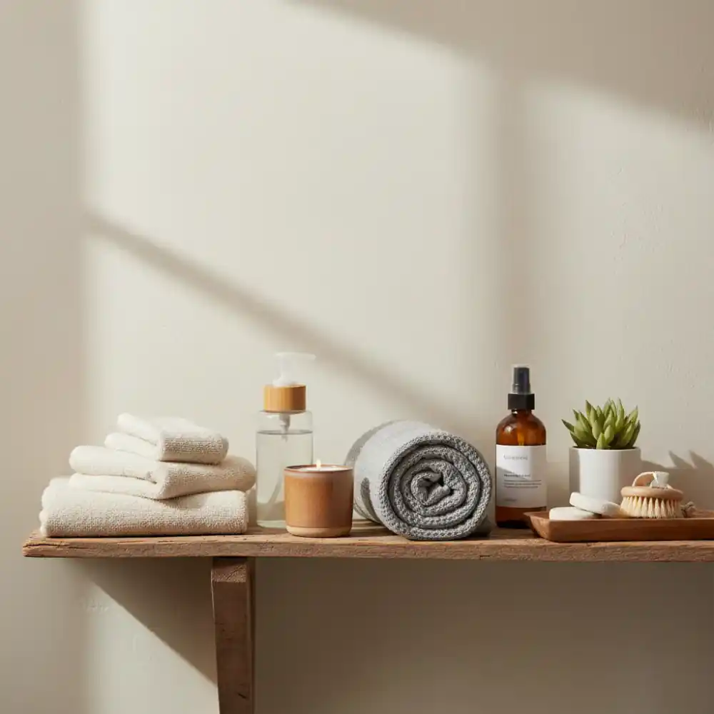 Hands arranging simple home goods on a wooden shelf