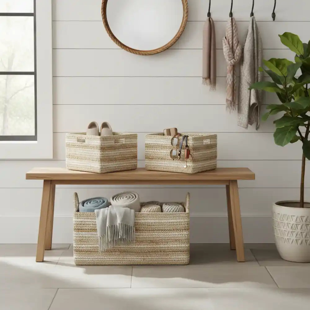 Entryway with BareHome woven baskets and hooks