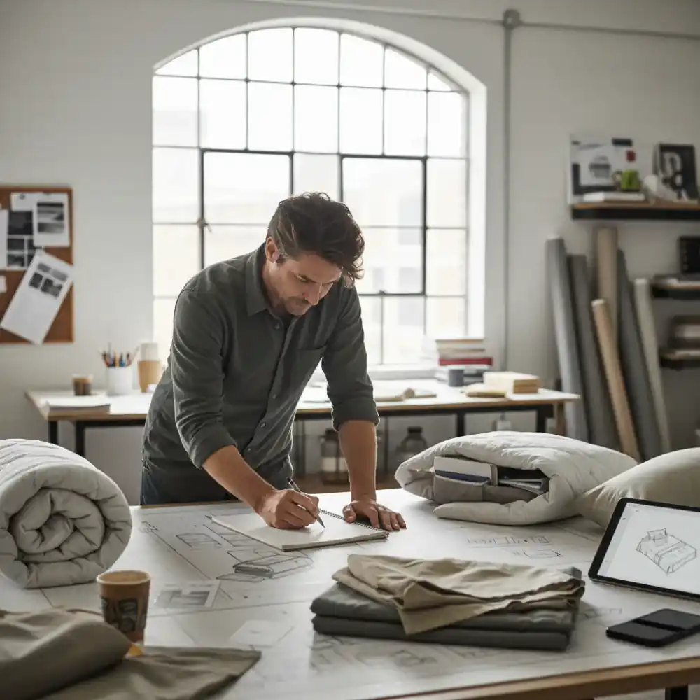 Founder sketching home goods prototypes at a table