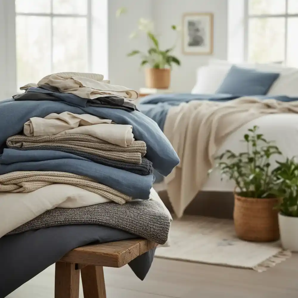 Stack of neutral-toned towels and kitchen textiles