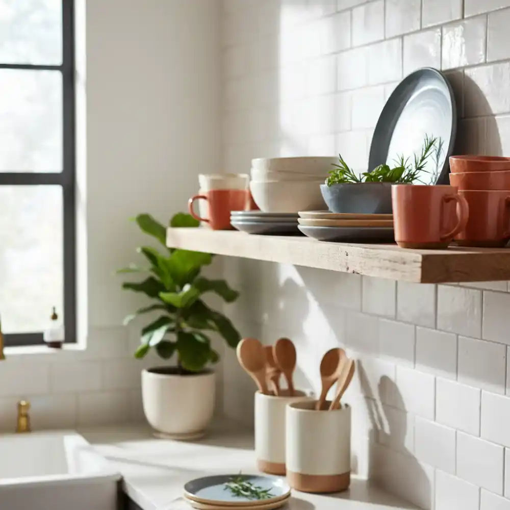 Kitchen shelf with BareHome stoneware and wooden utensils