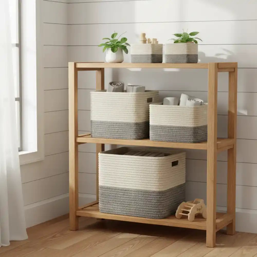 Neatly organized open shelving with BareHome baskets
