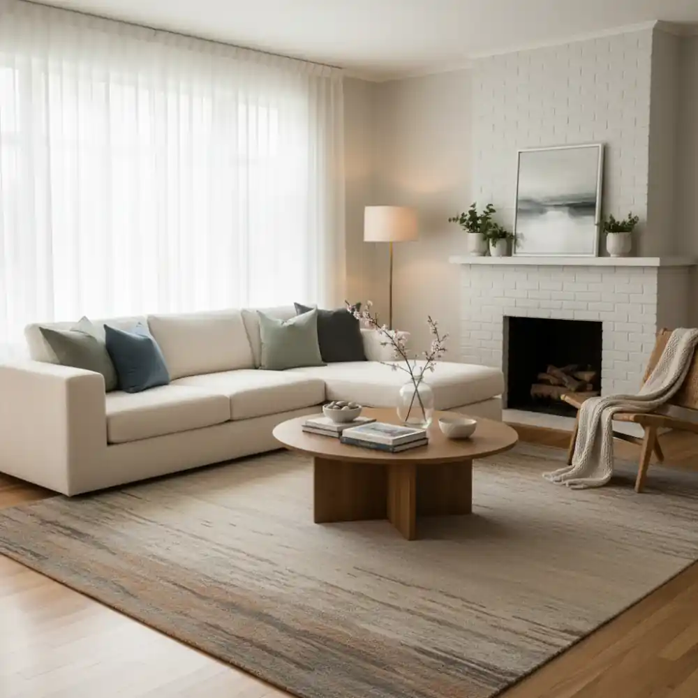 Calm living room with soft textiles and natural light