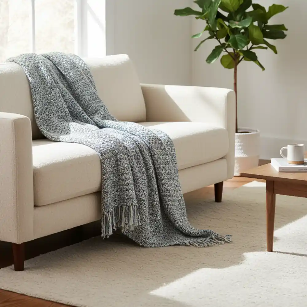 Folded throw blanket on a sofa