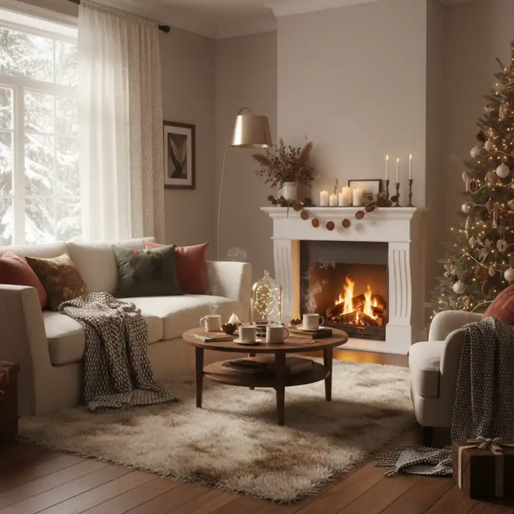 Cozy winter living room with blankets and candles