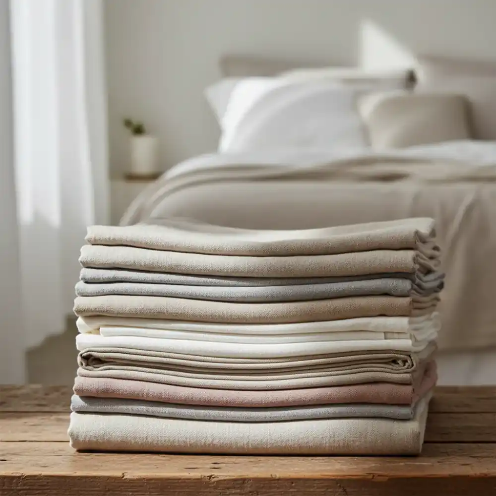 Stack of folded neutral linens on a bench