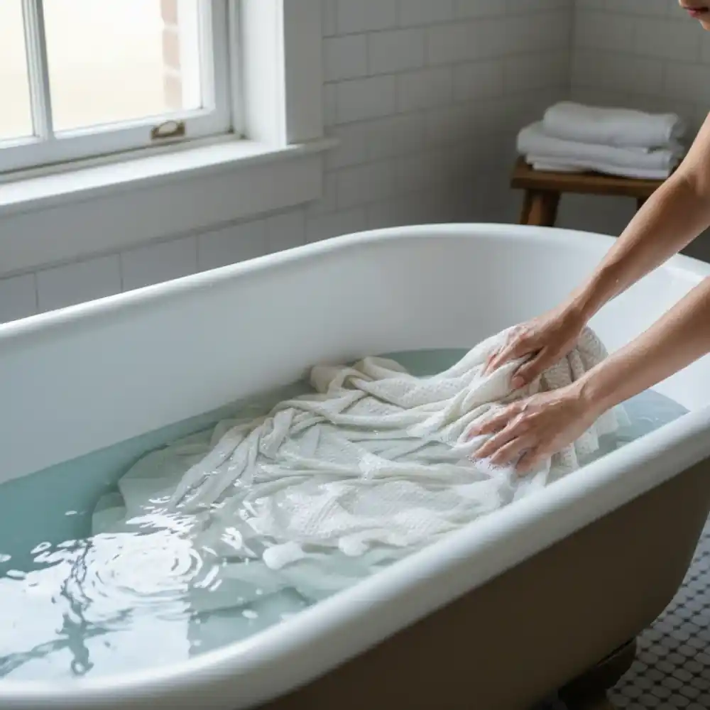 Hands washing a soft cotton blanket in a basin