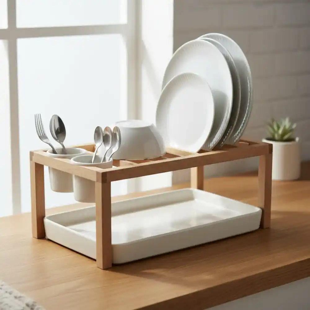 Wood and ceramic dish rack by a kitchen sink