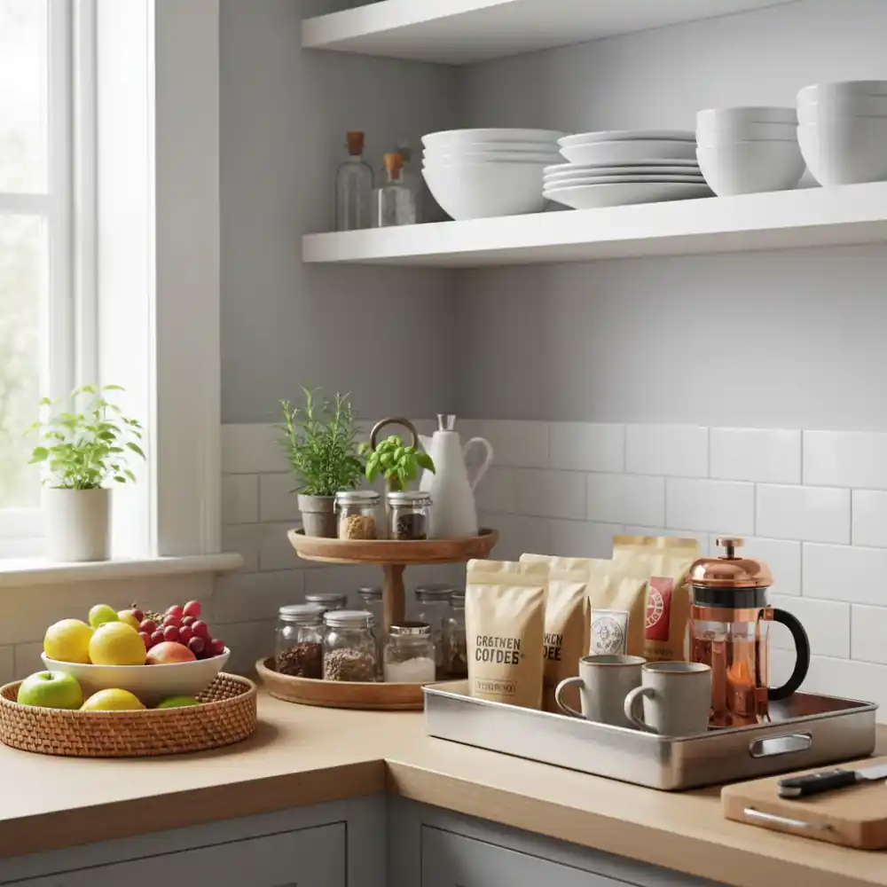 Small kitchen corner organized with wooden trays