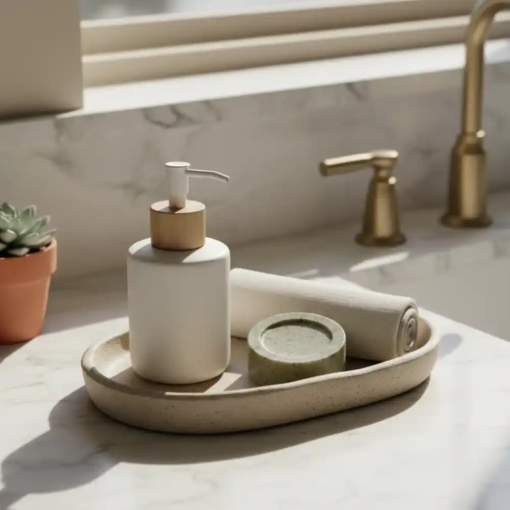 Stoneware tray with bathroom essentials
