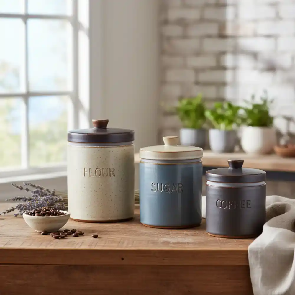 Stoneware canisters with wooden lids on a countertop