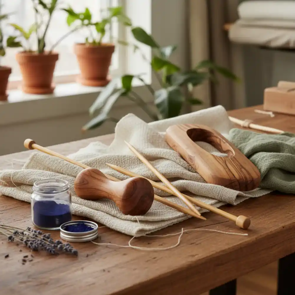 Detail of sustainable fabric and wooden tools